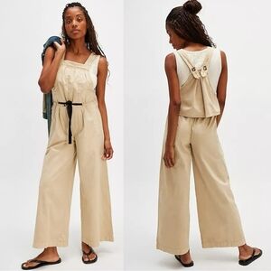 NWOT Free People Khaki Cotton Overalls Wide Leg Size Large